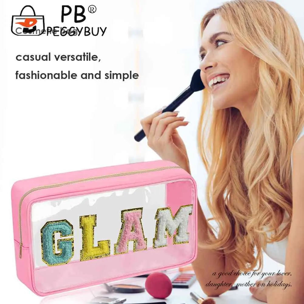 Fashion Cosmetic Bag Large Capacity Casual Organizer Clutch Bags Transparent Embroidered Letter Patches Portable For_voghion.com