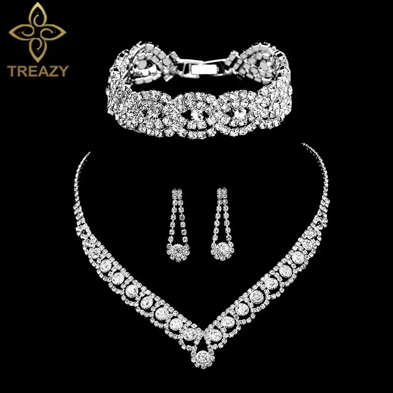 Conjuntos de joyas de boda TREAZY Sier Color Rhinestone Cristal nupcial para mujeres Collar Pendientes Pulsera Conjunto Accesorios_voghion.com