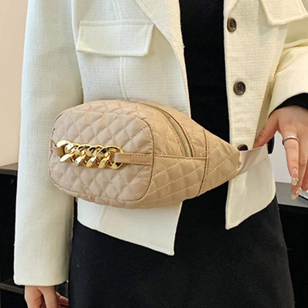 Bolsa tiracolo acolchoada com corrente grossa, casual, alça ajustável, simples e portátil para fim de semana_voghion.com