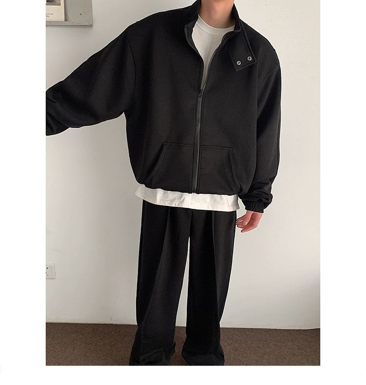 Vêtements pour hommes, col montant ample, épaulettes, cardigan, sweat-shirt, veste, costume de sport décontracté pour hommes, pantalon de survêtement ample, ensemble tendance deux pièces_voghion.com