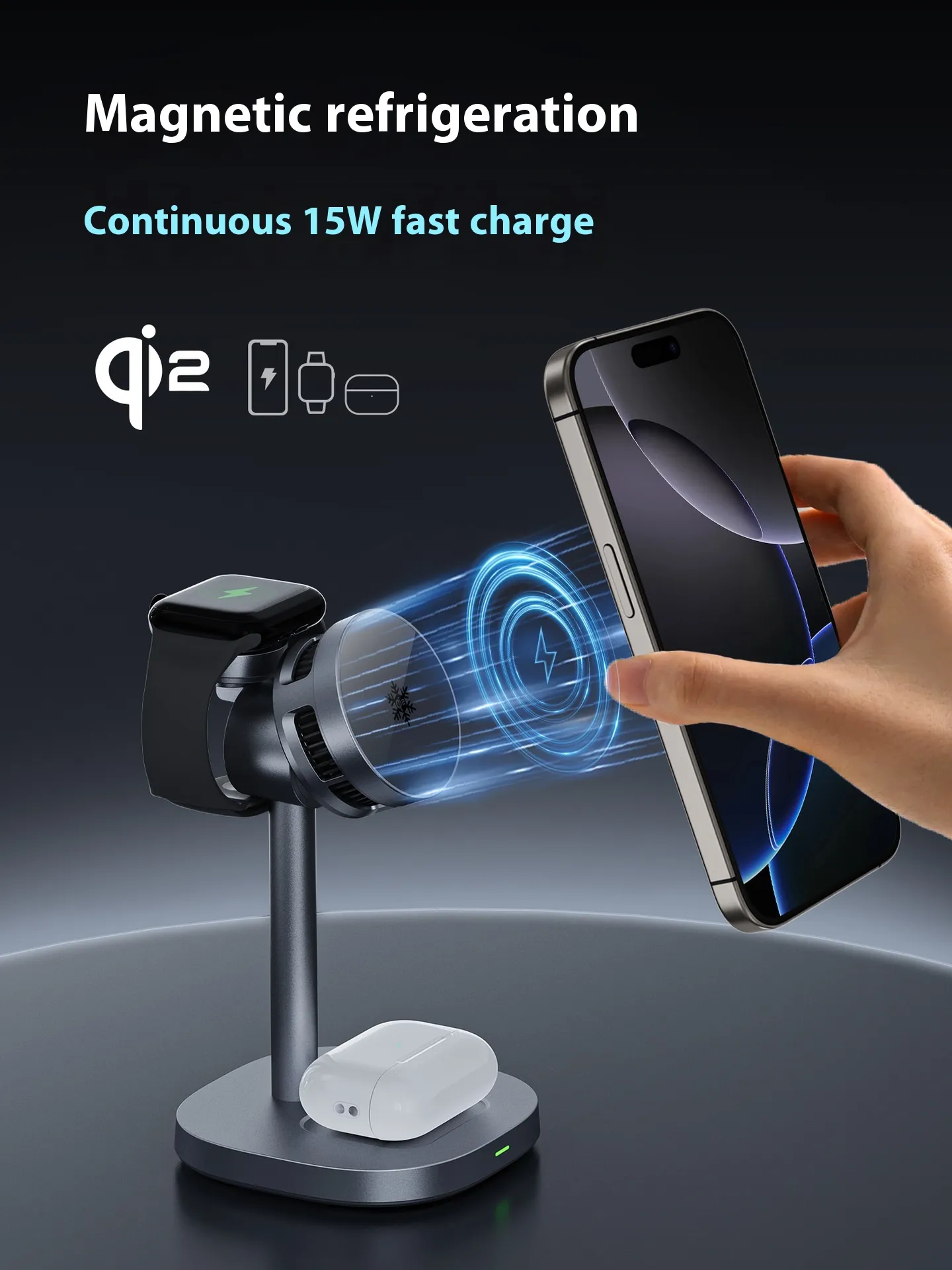 Nouveau chargeur, réfrigération à semi-conducteur, support magnétique pour téléphone portable, charge sans fil rapide 3-en-1 15 W_voghion.com