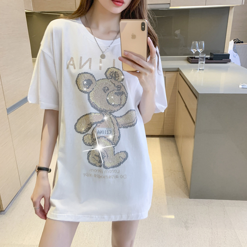 T-shirt estiva a maniche corte nera Bear Hot Diamond da donna in cotone pettinato, versione ampia di media lunghezza_voghion.com