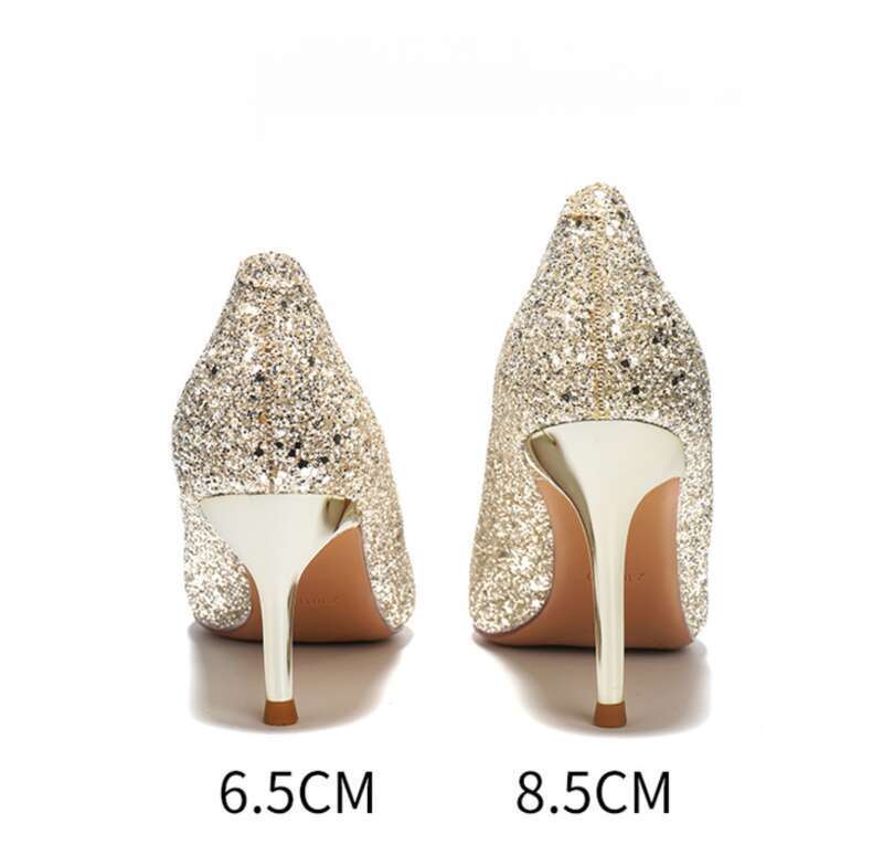 Hochzeit Hoher Flacher Mund, Feine Absätze, Pailletten, Glitzer Strasssteine, Schleife, Einzelschuhe, Damenschuhe_voghion.com