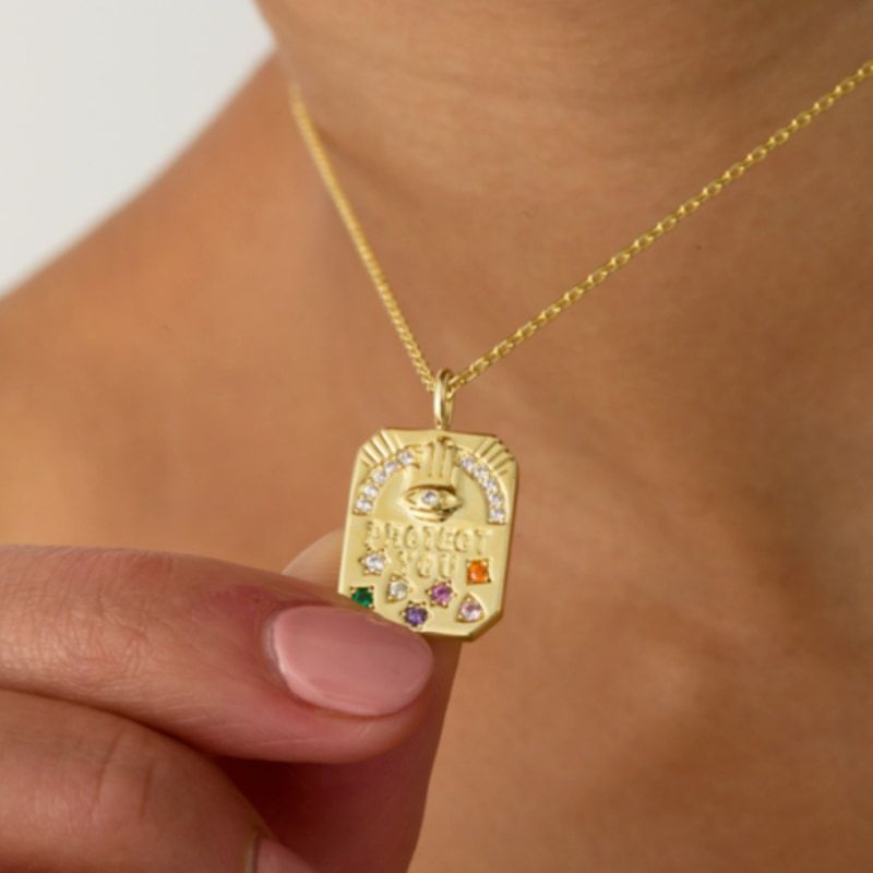 Genuine gold electroplated ins style colored zircon inlaid with protect you amulet pendant necklace_voghion.com