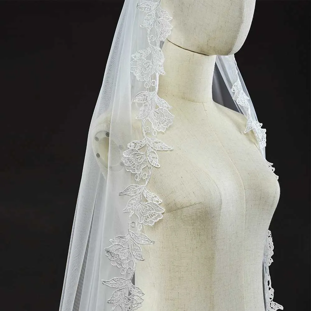 Gioielli per capelli, veli da sposa lunghi con pettine, velo a 1 strato, bordo smerlato, rifiniture in pizzo, lunghezza cattedrale, accessori da sposa per_voghion.com