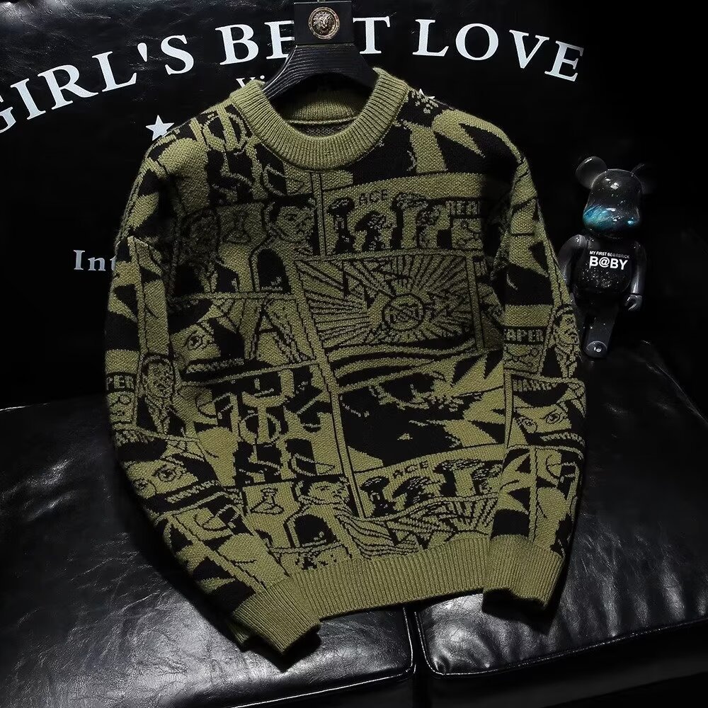 Men's cartoon jacquard sweater trendy brand bottoming shirt long sleeve inner top 2024 new autumn and winter loose sweater