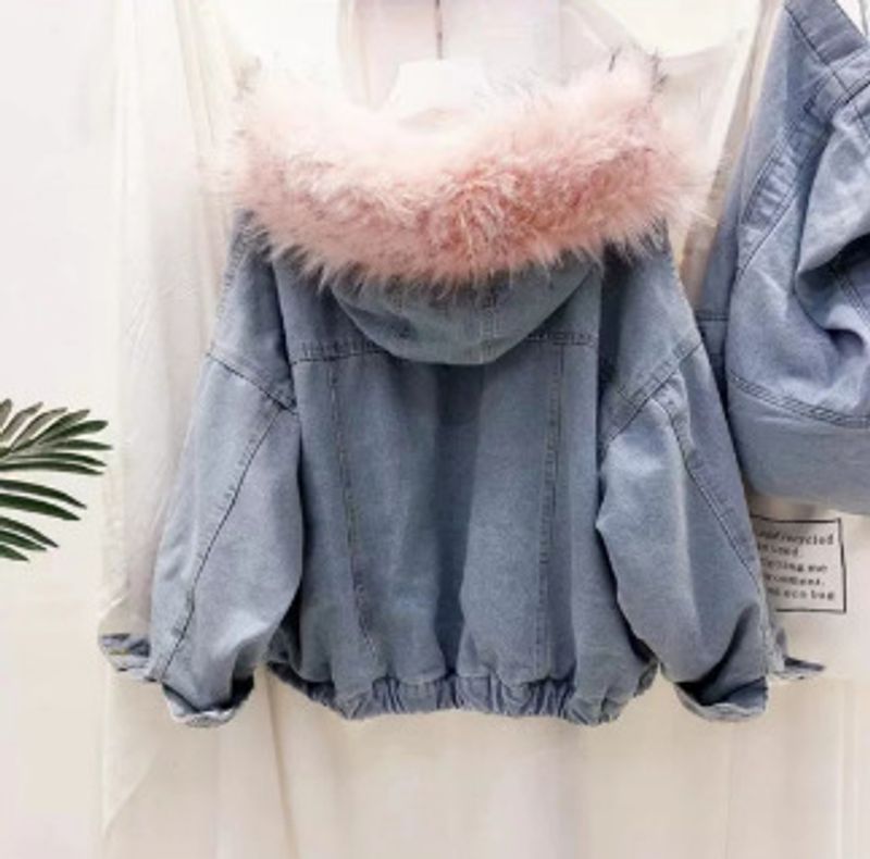 Vêtements pour femmes, hauts en jean à col en fourrure épaisse, vestes courtes amples en coton pelucheux pour femmes_voghion.com