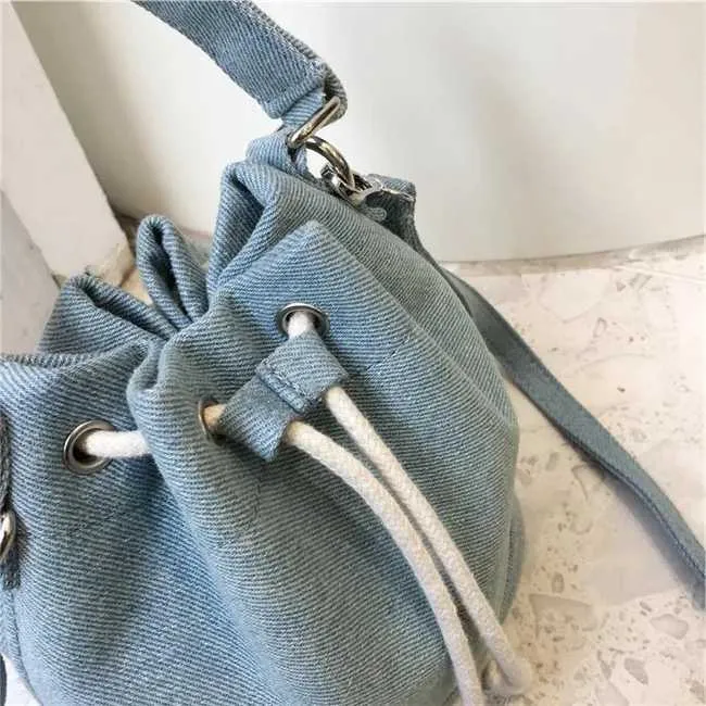 Women Fashion Denim Bucket Solid String Handbags Casual Mini Crossbody Bags Female All-matched Messenger PackC241212_voghion.com