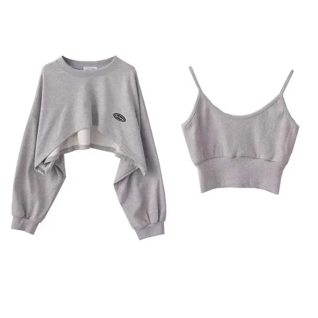 Vente chaude Sweat-shirt court et fin à manches longues pour femmes, haut à col ras du cou, chemisier quotidien décontracté, deux pièces, style simple, vente en gros_voghion.com