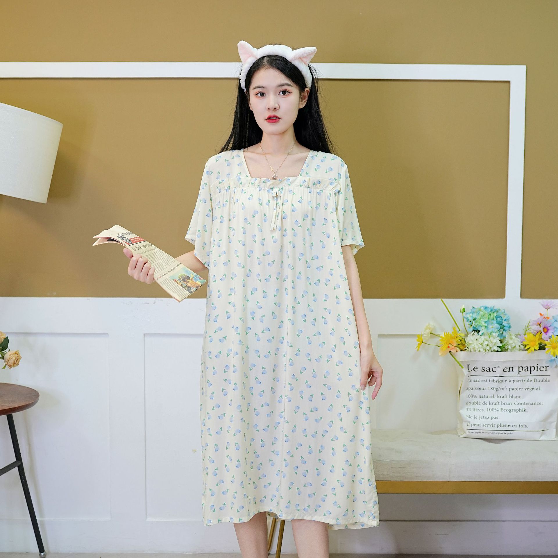 Indumenti da notte da donna Camicia da notte in cotone e seta da donna, dolce, carino, sottile, da indossare per la casa, gonna a maniche corte di grandi dimensioni_voghion.com