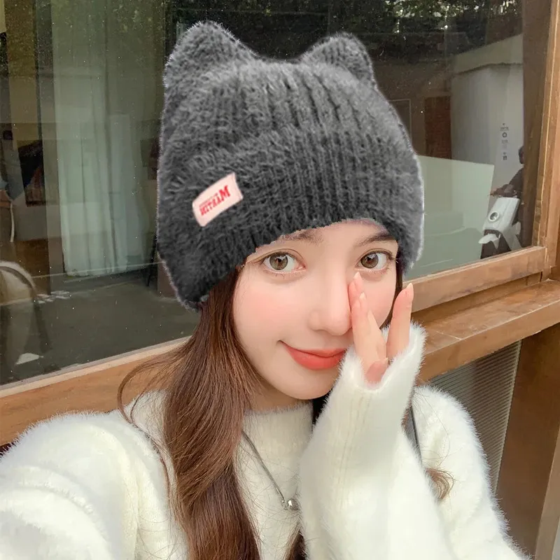 Ženske kape BeanieSkull, slatke mačje uši, zimska kapa s ušima, modna krznena pletena Kpop stila, mekane kape Beanie, ženske slatkiši_voghion.com