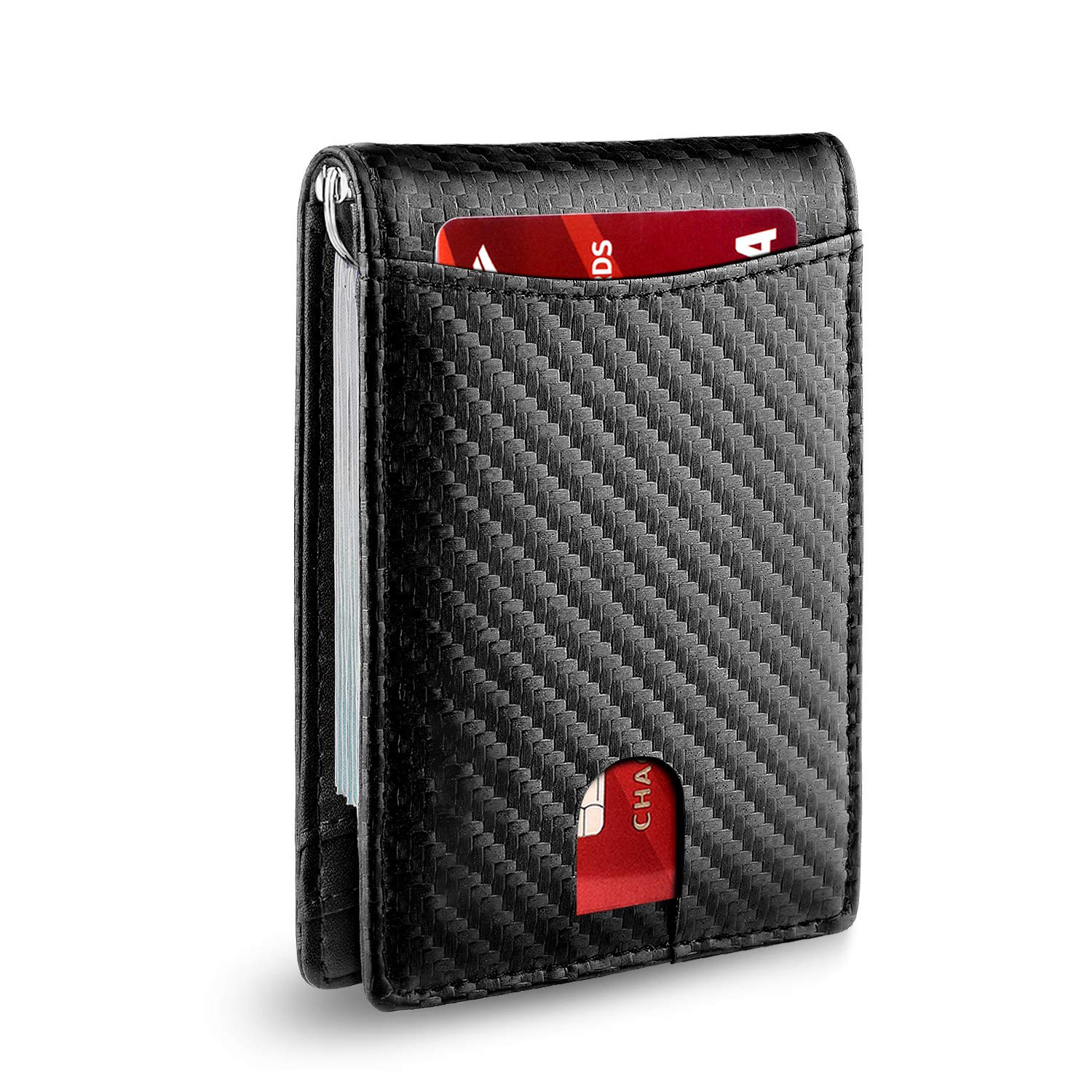 Herrentaschen RFID-Kartenhalter aus Kohlefaser, Mikrofaser, echtes Leder, mehrere Kartenfächer, Dollarclip, Münzgeldbörse, Herren-Kreditkartenhalter_voghion.com