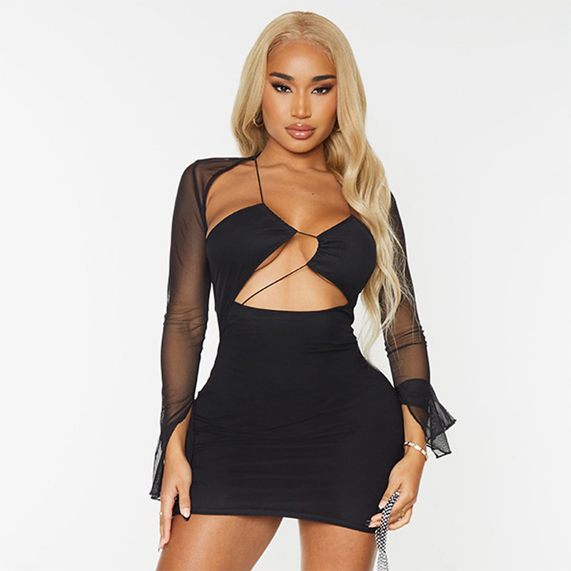 Women's autumn new solid color gauze perspective shawl long sleeve wrapped dress_voghion.com