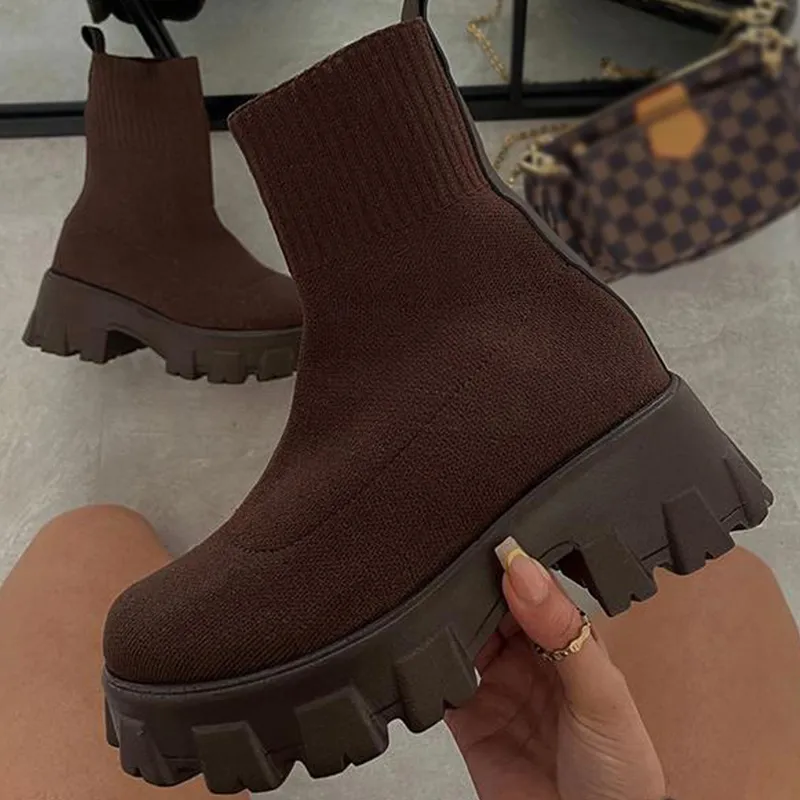 Scarpe autunnali corte con plateau e maglia per le donne Stivaletti con tacco Bianco Inverno Botas Mujer_voghion.com