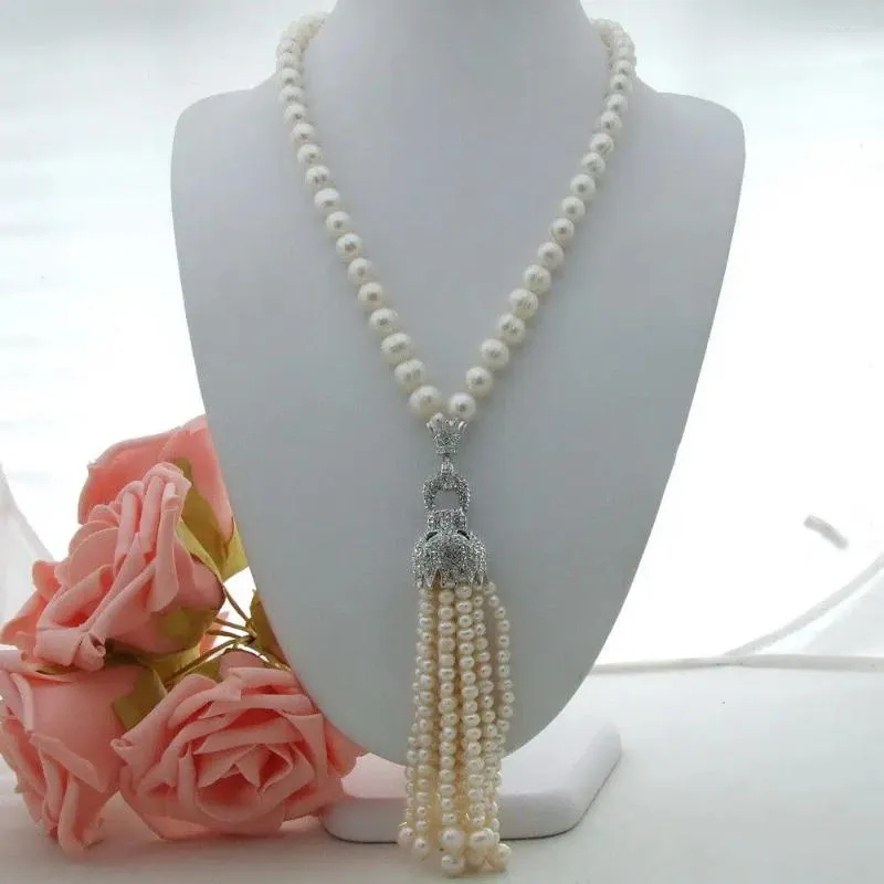 Catene annodate a mano con micro intarsi in zircone e chiusura a testa di leopardo, collana con nappe in perle d'acqua dolce bianche da 8-9 mm, gioielli di moda_voghion.com