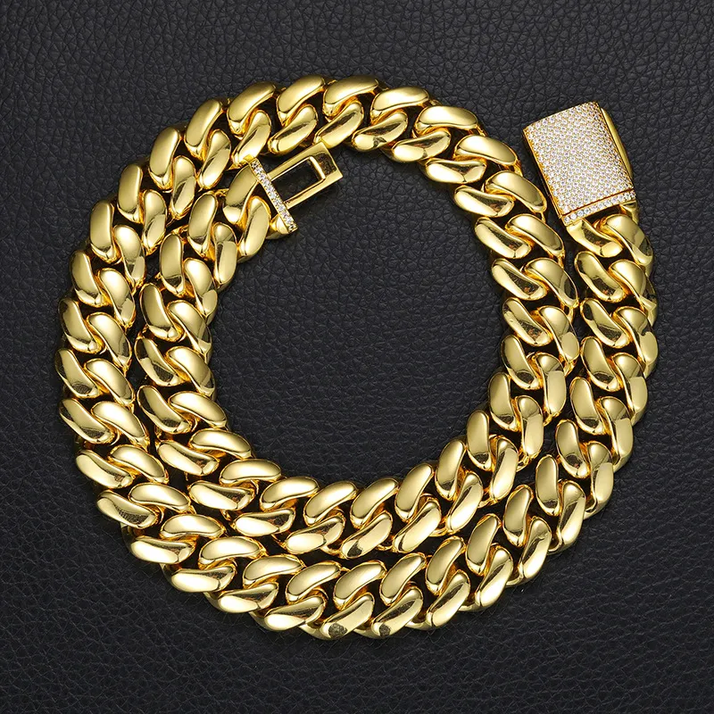 Hip Hop Miami Cuban Link Chain Halsketten Top Qualität Kupfer Echt Vergoldet Mikro Einsätze Sauber Diamant Verschluss Bling_voghion.com