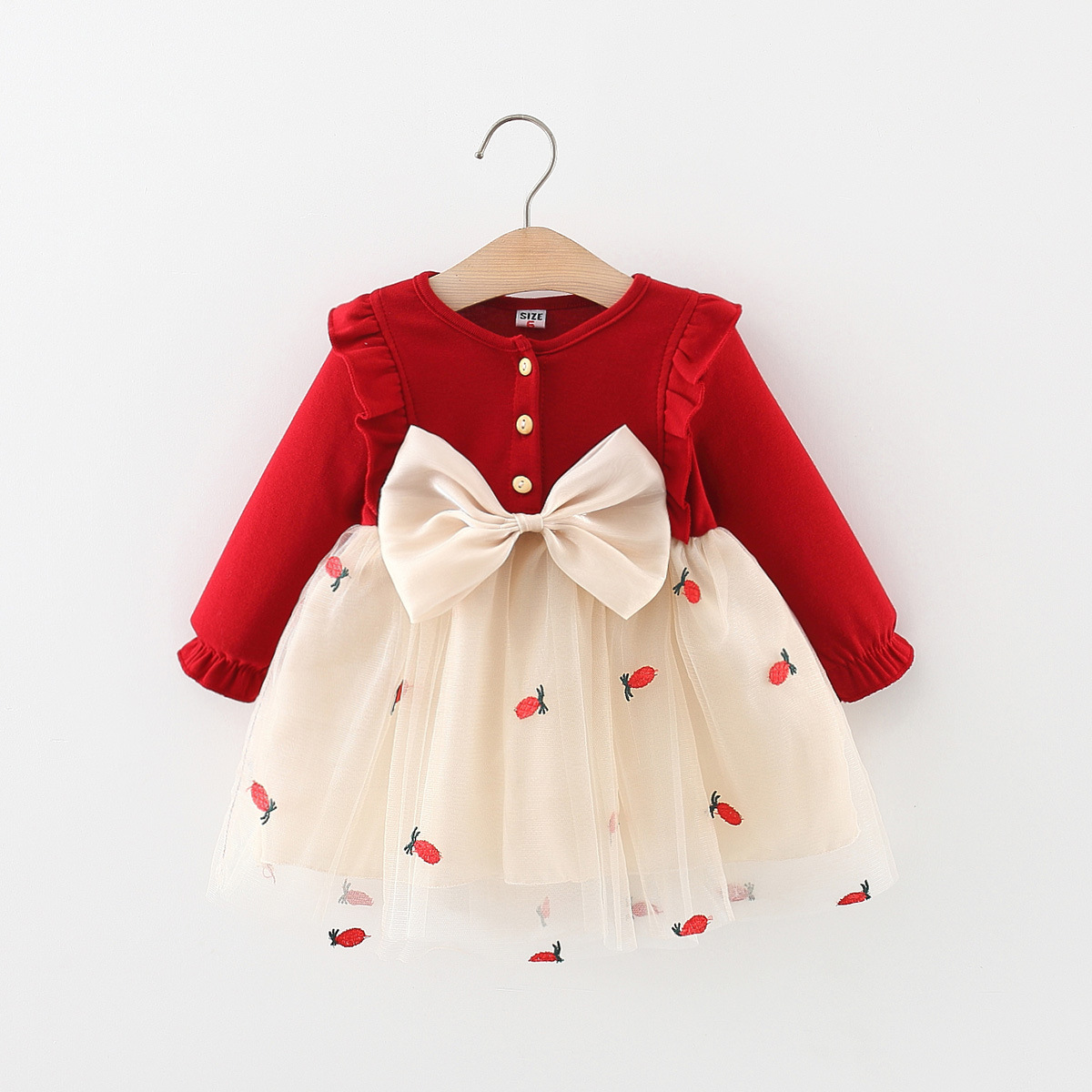 Pasgeboren babymeisje verjaardagsfeest prinsessenjurk lange mouwen ruches tutu kant rode jurk_voghion.com