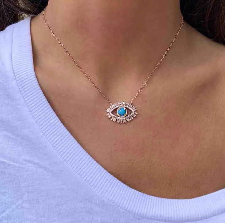 Trendy Gold Plated Turkish Necklace Lucky Girl Gift Baguette Cubic Zirconia Turquoise Geomstone Top Quality Evil Eye_voghion.com