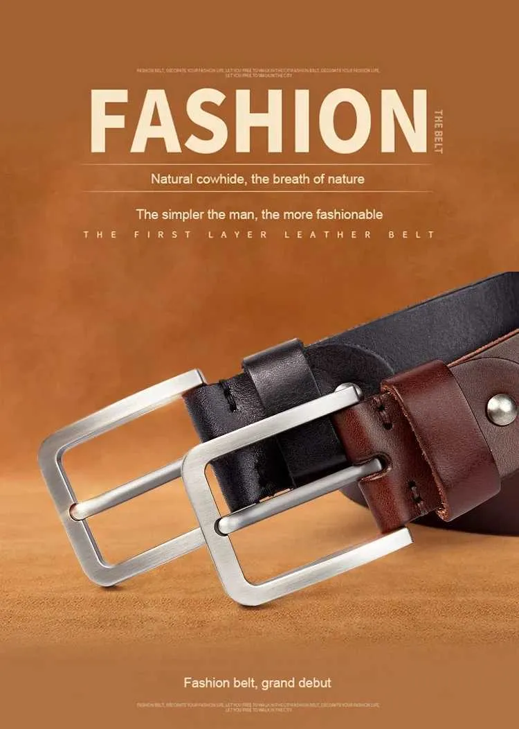 Natürlicher echter Kuhledergürtel mit massiver Stahlschnalle, originaler Herrengürtel, geeignet für Jeans und Freizeithosen W240909_voghion.com