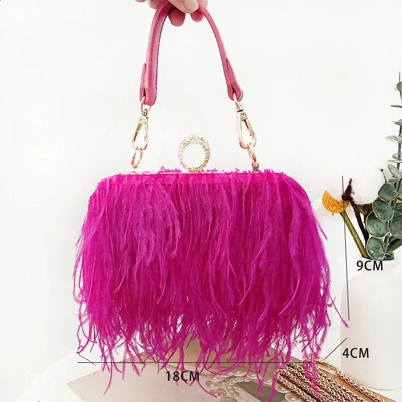 Mode Strauß Fuax Pelz Feder Brieftasche Clutch Tasche Damen Dia Knuckle Ringe Dinner Party Hochzeit Geldbörse Chic 240919_voghion.com