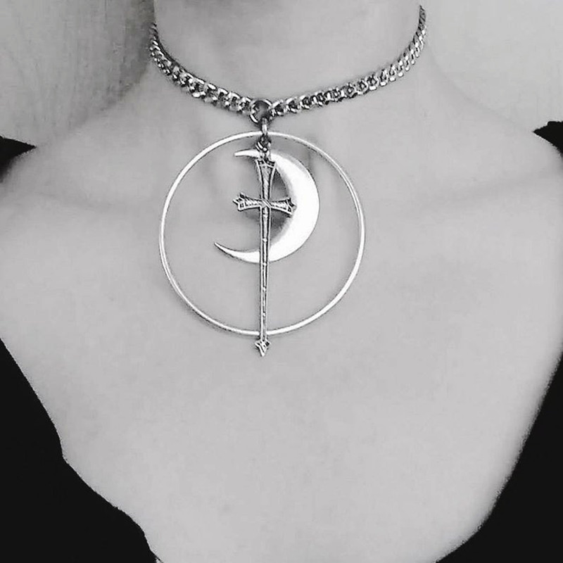 Necklaces Gothic sword and moon necklace_voghion.com