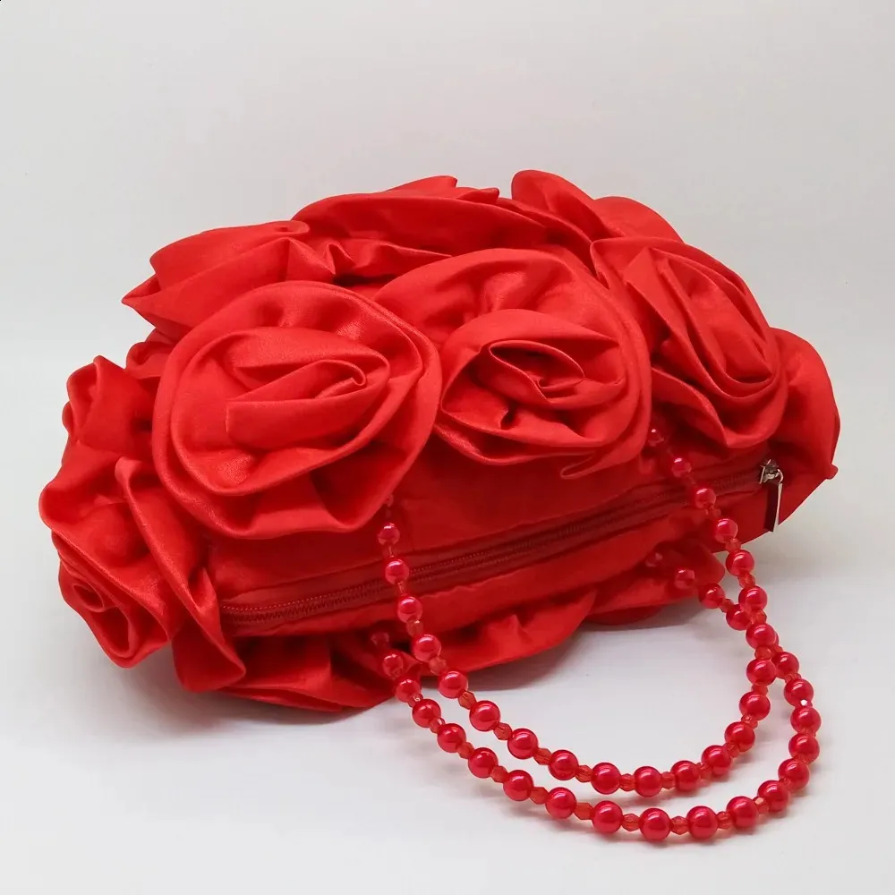 Boutique De FGG Red wer Rose Bush Donna Borsa da sera in raso con manico in perline Borsa da sposa Borsa da sposa Clutch 240726_voghion.com