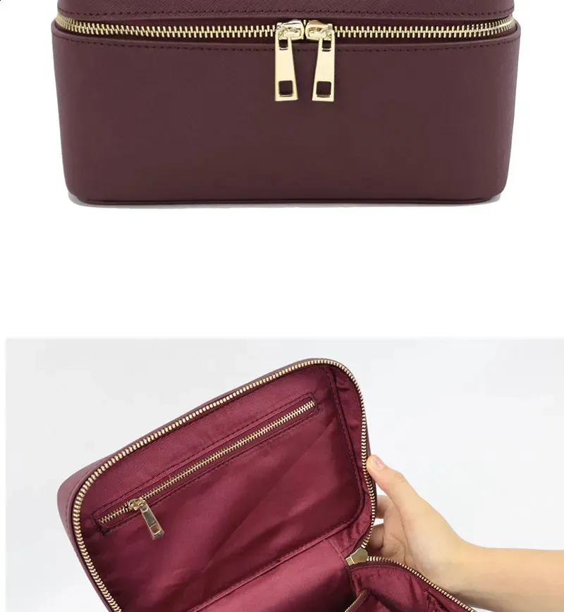 Ladies Saffiano Split Leather Travel Toiletry Case Portable Hanging Makeup Organizer Box Dopp Kit Cosmetic Bag For Women_voghion.com