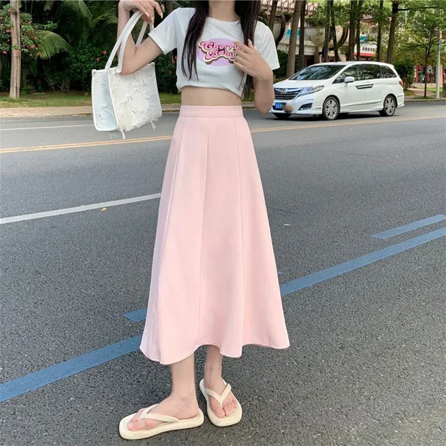 hot selling Xpqbb Women's Summer Long Korean Temperamen High Wais Sui Midi Skirs Woman Elegan All-mach Solid Color A-line_voghion.com