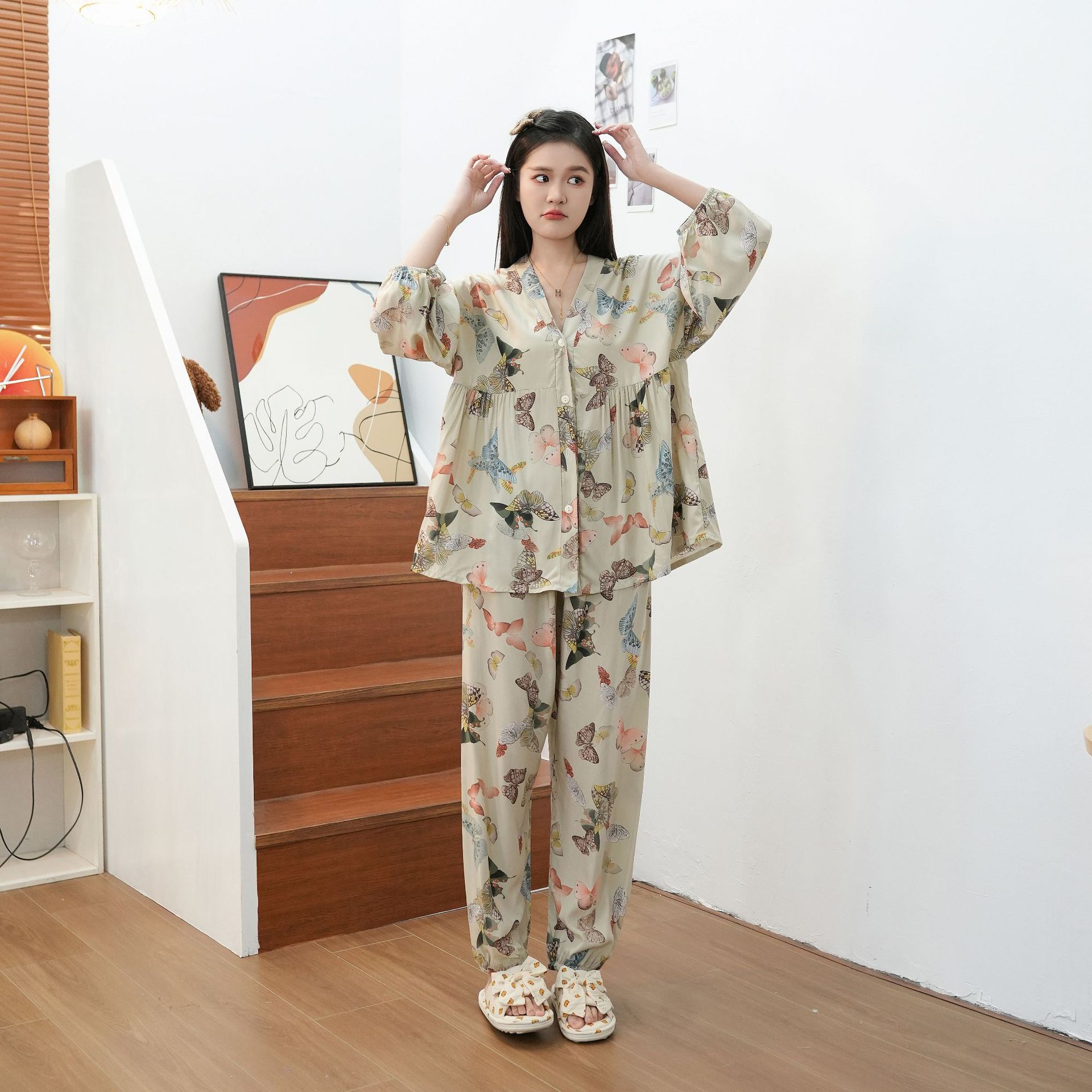 Pigiami da donna Pigiama in cotone e seta con sette polsini, pantaloni a campana per la casa di grandi dimensioni_voghion.com