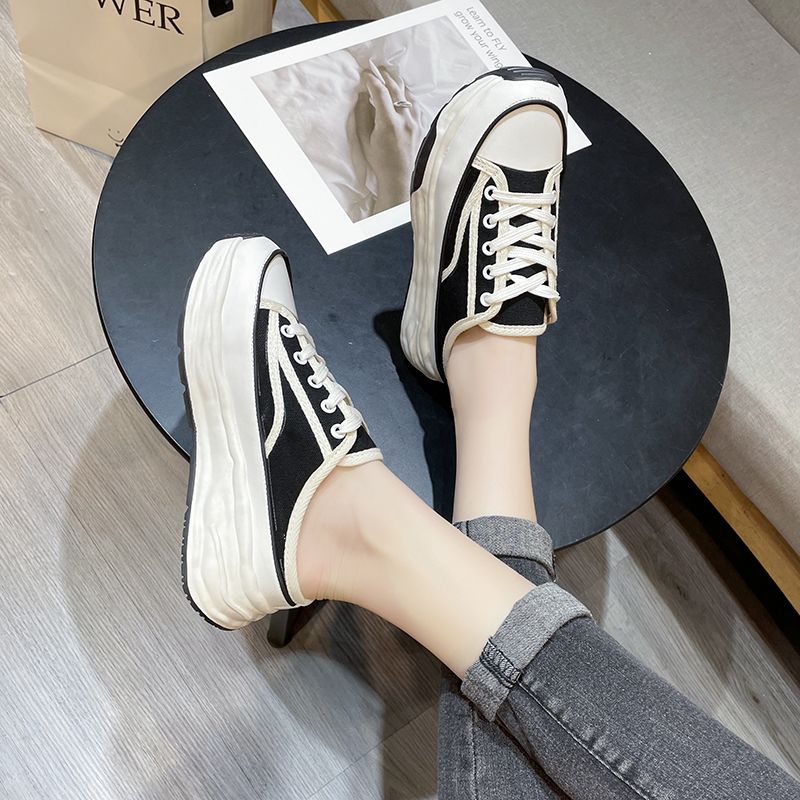 Pantofole casual in tela con lacci e stile Baotou, metà nuovo, primavera-autunno, moda donna 2023_voghion.com