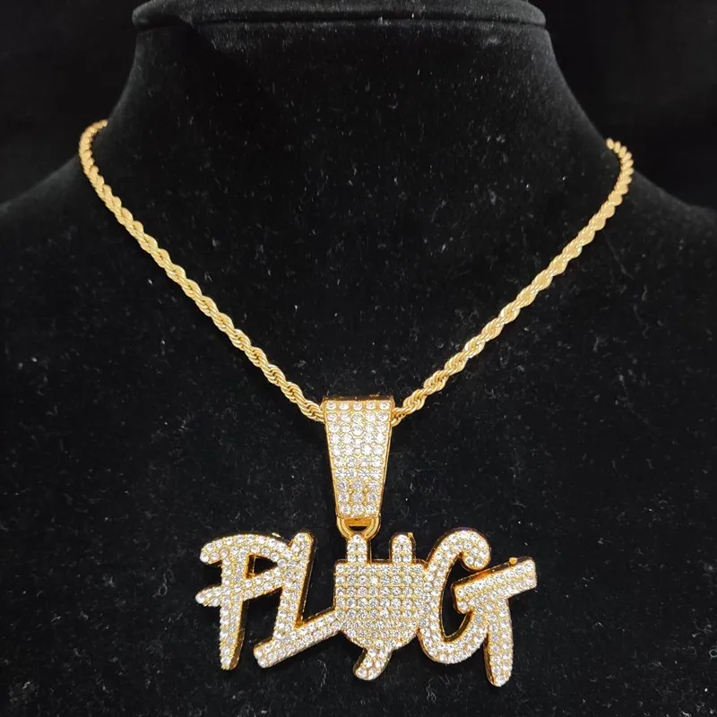 Colliers pendentifs hommes femmes Hip Hop PLUG collier lettre avec chaîne cubaine en cristal de 13 mm HipHop Iced Out Bling Fashion_voghion.com