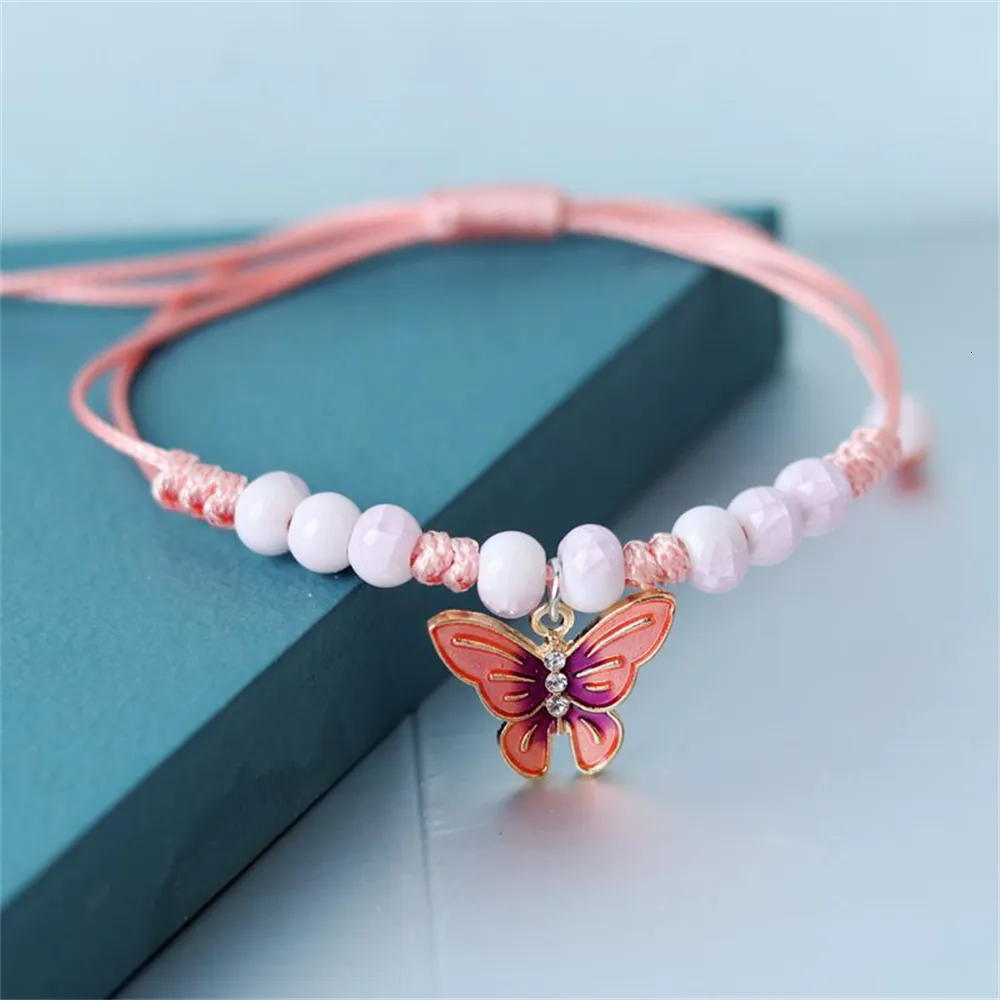 Bracelet de cheville en métal avec perles et papillon pour l'été, bracelet de cheville en corde tissée réglable et colorée pour femmes, filles et enfants_voghion.com
