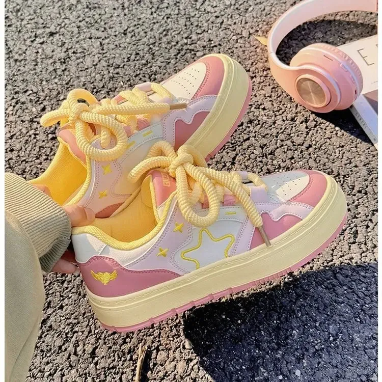 SHANPA Dolce Rosa Donna Sportivo Stile Coreano Moda Kawaii Patchwork Donna Sneakers Casual Leggero Scarpe con Lacci_voghion.com