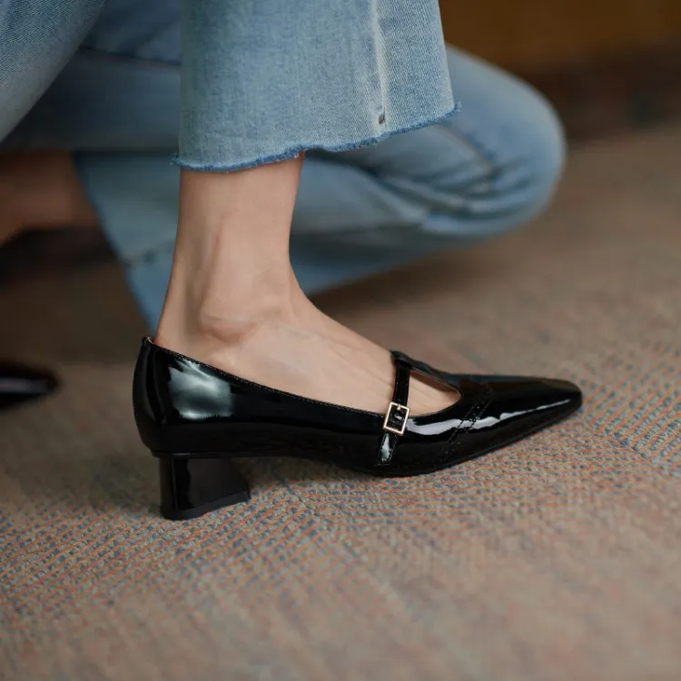Shoes Spring/Autumn Patent Leather Solid Color T-shaped Buckle Pumps Square Toe Chunky Heel Versatile Mary Jane For_voghion.com