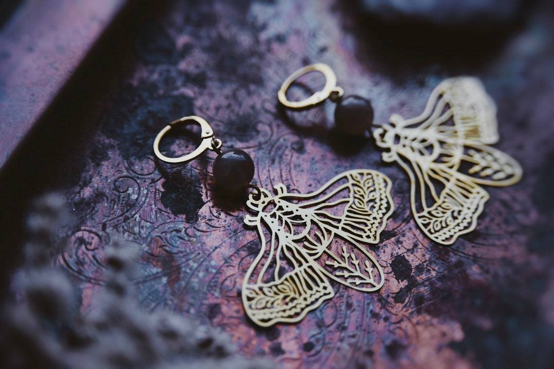 Gioielli e accessori Orecchini a farfalla in ottone, orecchini con pietra di cristallo di agata nera_voghion.com