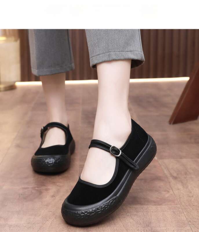 Sapatos de dança cerimonial de hotel com sola grossa feminina, sapatos de mãe, tecido preto_voghion.com