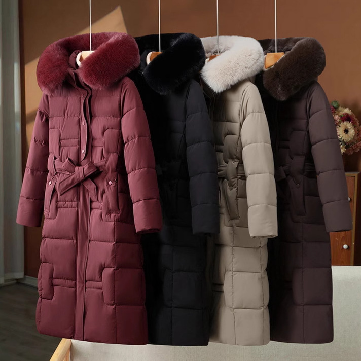 Women's Clothing Coat Over The Knee ​Elegant Long Coat With Detachable Faux Fur Collar, Slim-Fit Winter Parka For Women - , , , ​