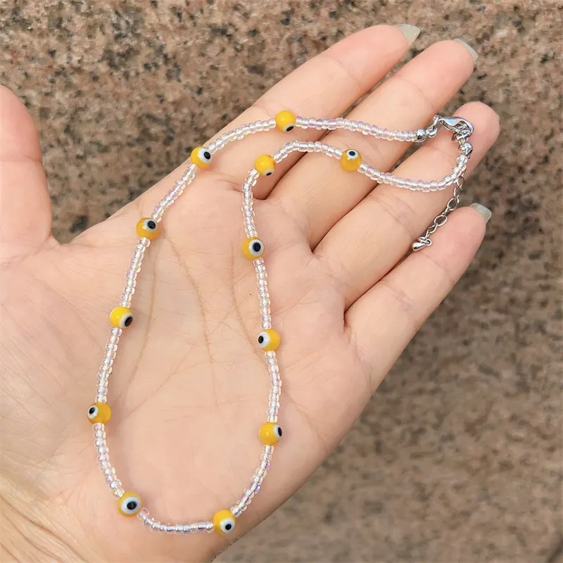 Kette bunt für Frauen Mode handgefertigt Daisy Blume Lächeln Charms Perlen Halsband Kunststoff Perlen Halskette Boho Schmuck_voghion.com