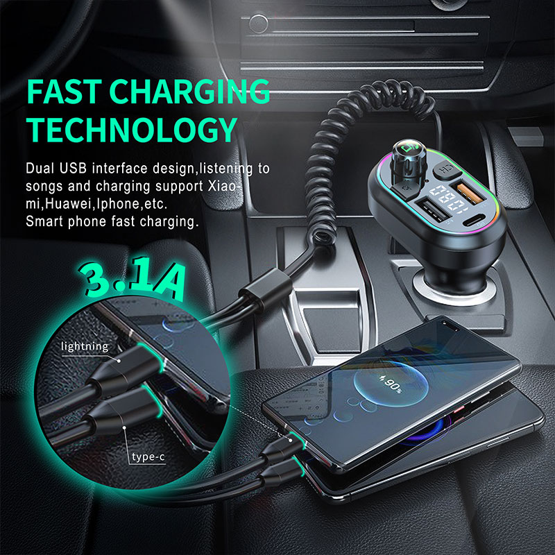 Bluetooth 5.0 FM Transmitter Wireless Audio Receiver Car MP3 Player 25W PD Fast Charge With Type-C Port Charging Cable_voghion.com