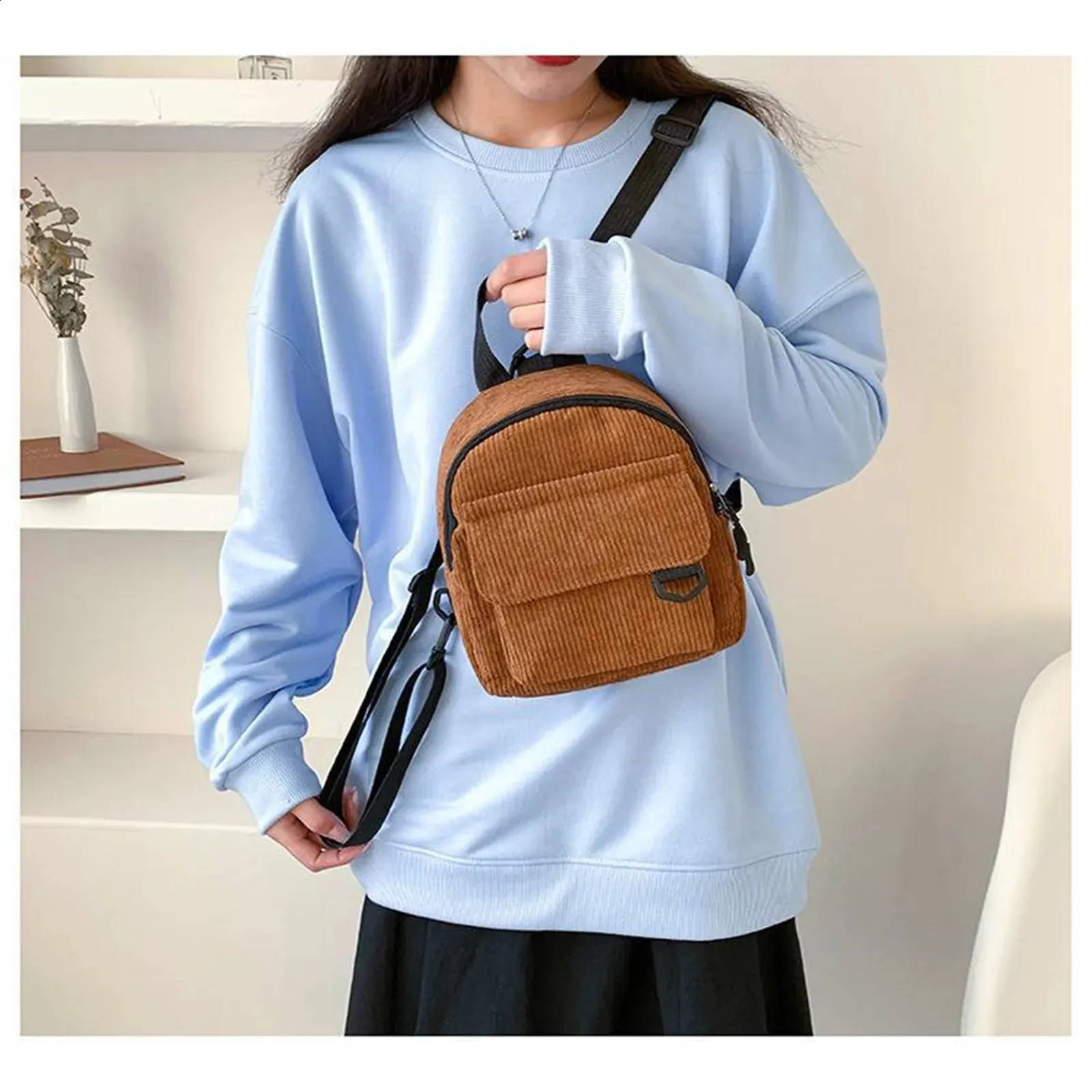 Mini-Rucksack für Damen, modisch, einfarbig, Cord, schlicht, lässig, für Reisen, große Kapazität, Schultasche für Damen 240820_voghion.com