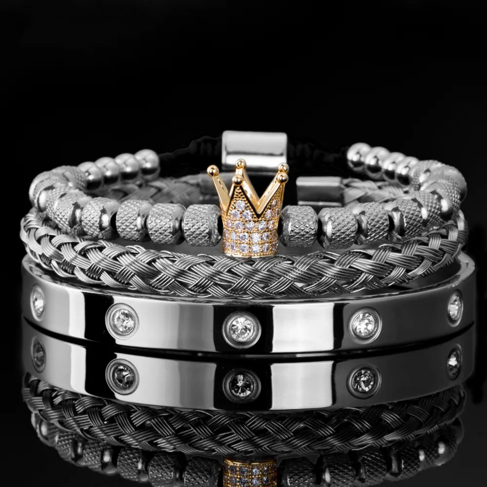 3 stk/sett Micro Pave CZ Crown Roman Royal Charm Men Armbånd Rustfritt stål Krystaller Armbånd Par Håndlagde smykker_voghion.com