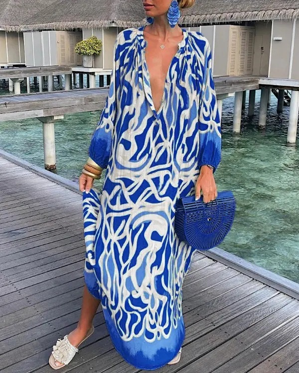 Vestito donna scollo a v maniche lunghe stampato per autunno sera_voghion.com