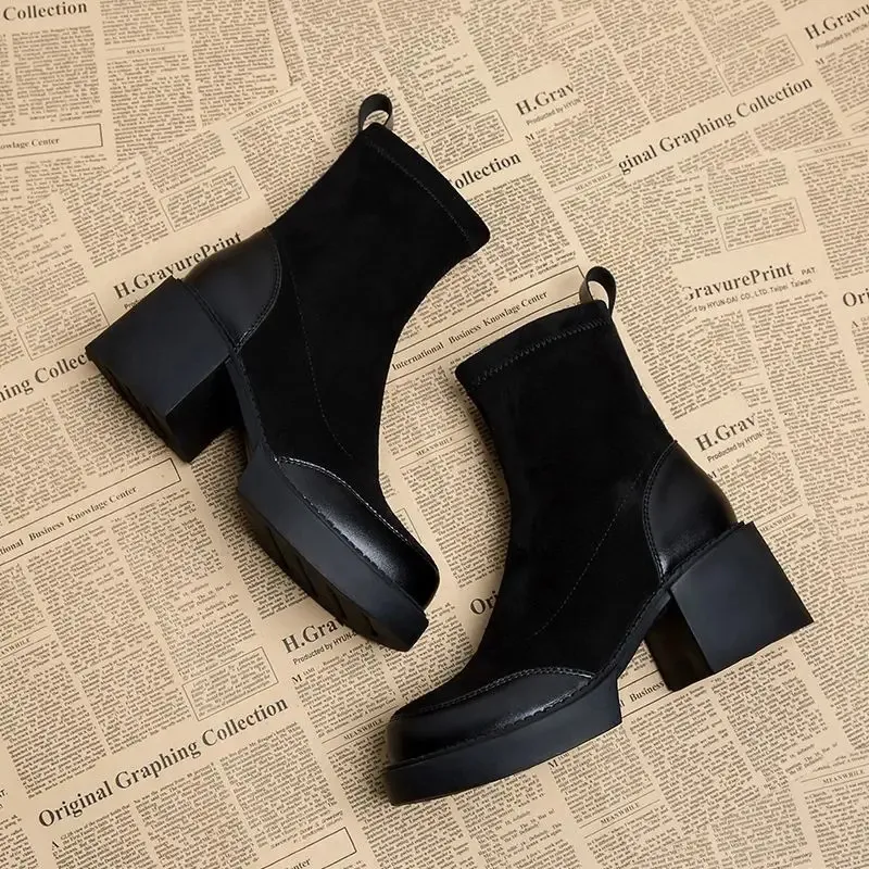 Woman For Short Black Shoes Womens Ankle Boots Sock Footwear Combat Booties Very High Heels Suede Punk Style Heeled_voghion.com