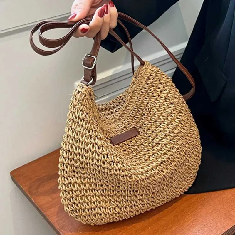 Sac à bandoulière tissé en paille pour l'été, sac à main de grande capacité pour les vacances à la plage, le shopping, les messages_voghion.com