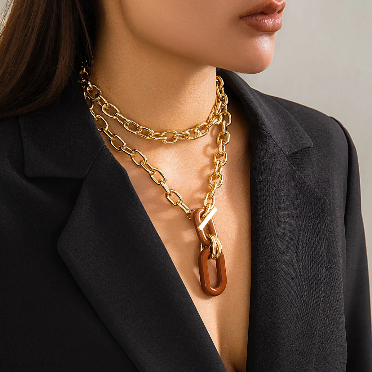 Multi-layered Pendant Necklace Gold Tone Geometric Hip Hop Style_voghion.com
