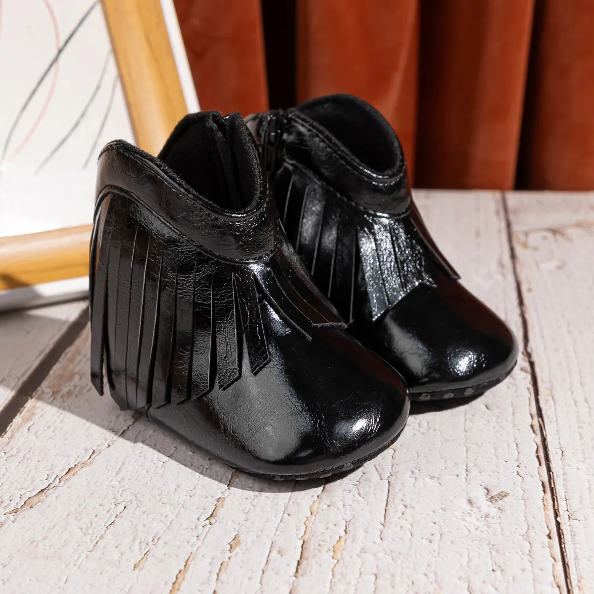 Botas de inverno para meninas com borla de couro PU para bebês, zíper lateral, sola macia, antiderrapante, quente, para primeiros passos_voghion.com