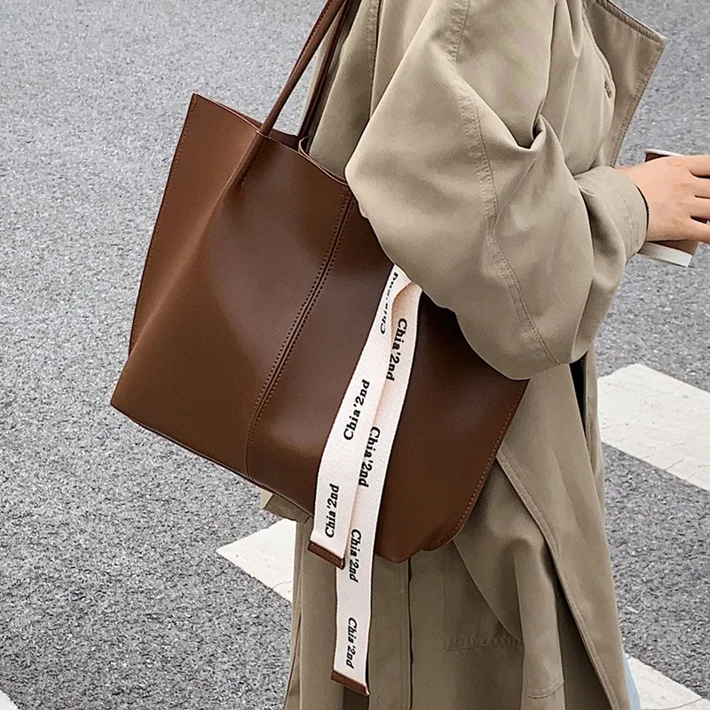 Borsa da ufficio da donna, uso quotidiano, bellezza, marrone, nera, moda, con nastro, a tracolla, per pendolari, grande capacità, a mano, retrò._voghion.com