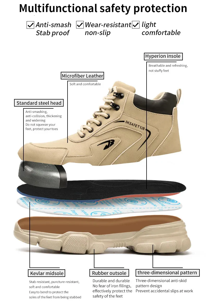 Bottes de sécurité en cuir noir pour homme, chaussures de travail imperméables et résistantes à la pression des clous, bout en acier inoxydable_voghion.com
