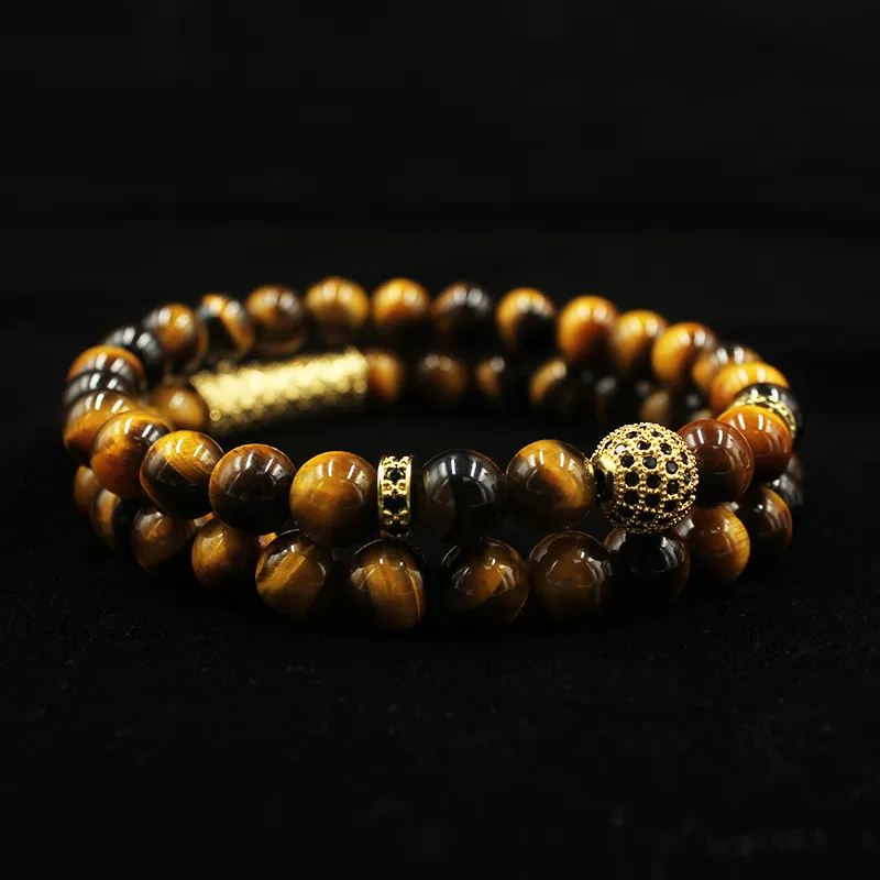 Set di braccialetti con perline di perle naturali di occhio di tigre da 2 pezzi/set, gioielli per uomo e donna, accessori per cinturino da polso in materiale elastico_voghion.com