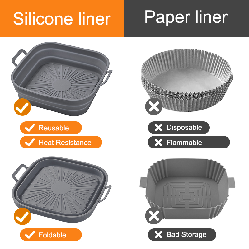 Faltbarer Silikon-Luftfritteusen-Einsatzkorb, quadratische Form, wiederverwendbar, für den Airfryer, Backofen, Lebensmittel, Backen, Pizza, gebratener Topf, Tablett, Küchenzubehör_voghion.com